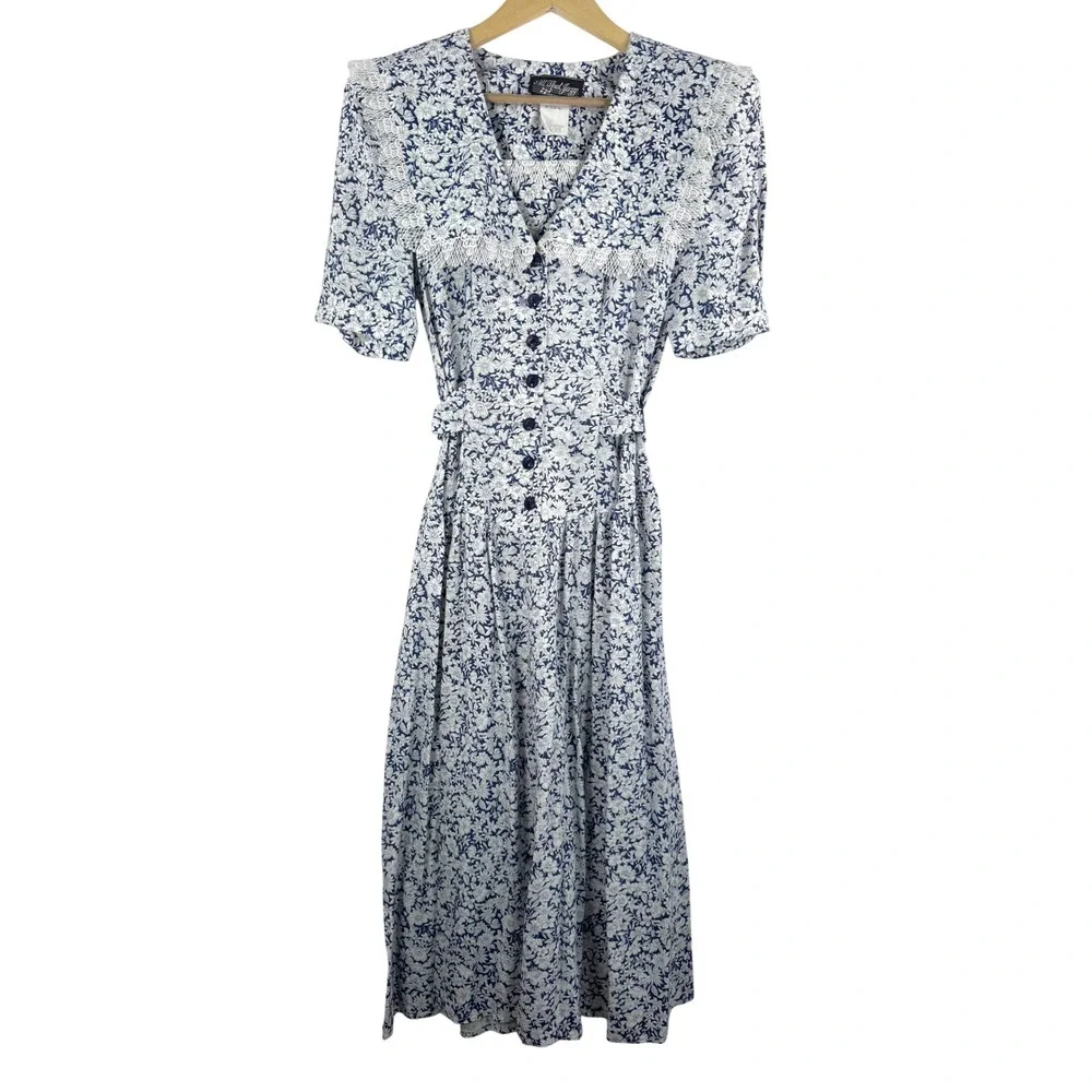 VTG All That Jazz Floral‎ Print Midi Dress Lace Collar prairie cottage core sz 5